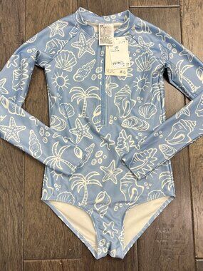 NWT H&M Girls Long Sleeve Swimsuit Blue Seashell Print 8-10Y